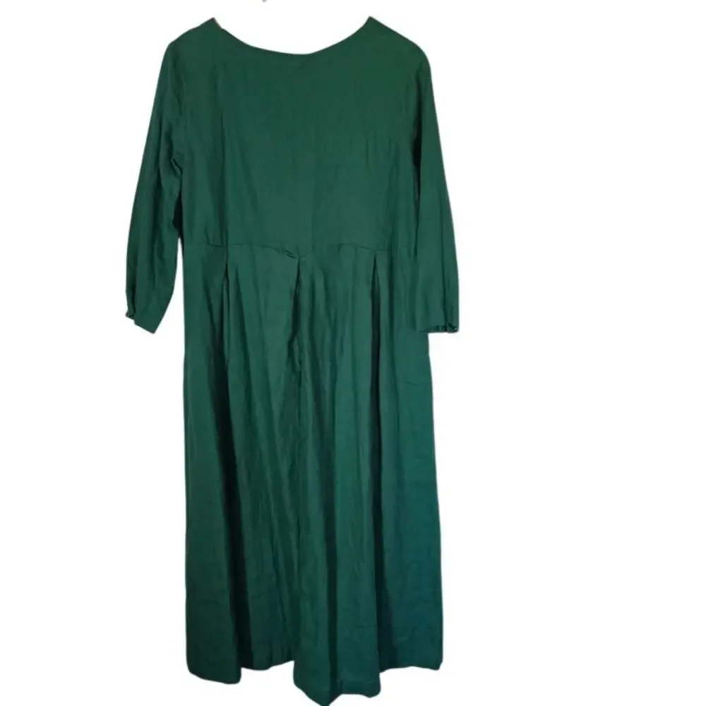 Lintico Women's Bateau Neck Pleated 100 % Linen Green Maxi Dress Small A-Line - Picture 7 of 7